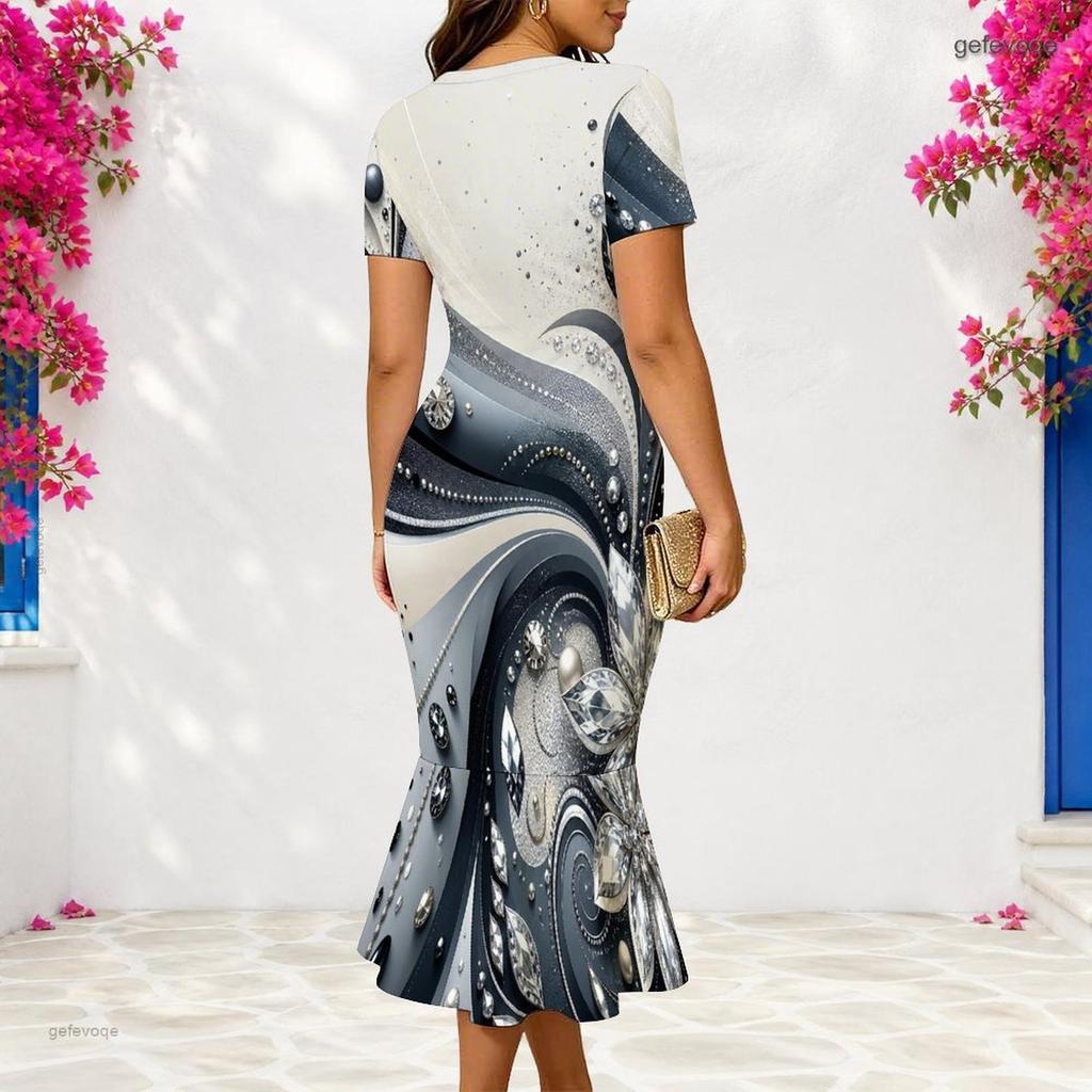 Women Plus Size V Neck Short Sleeve Black Gold Printed Fitted Fishtail Dress