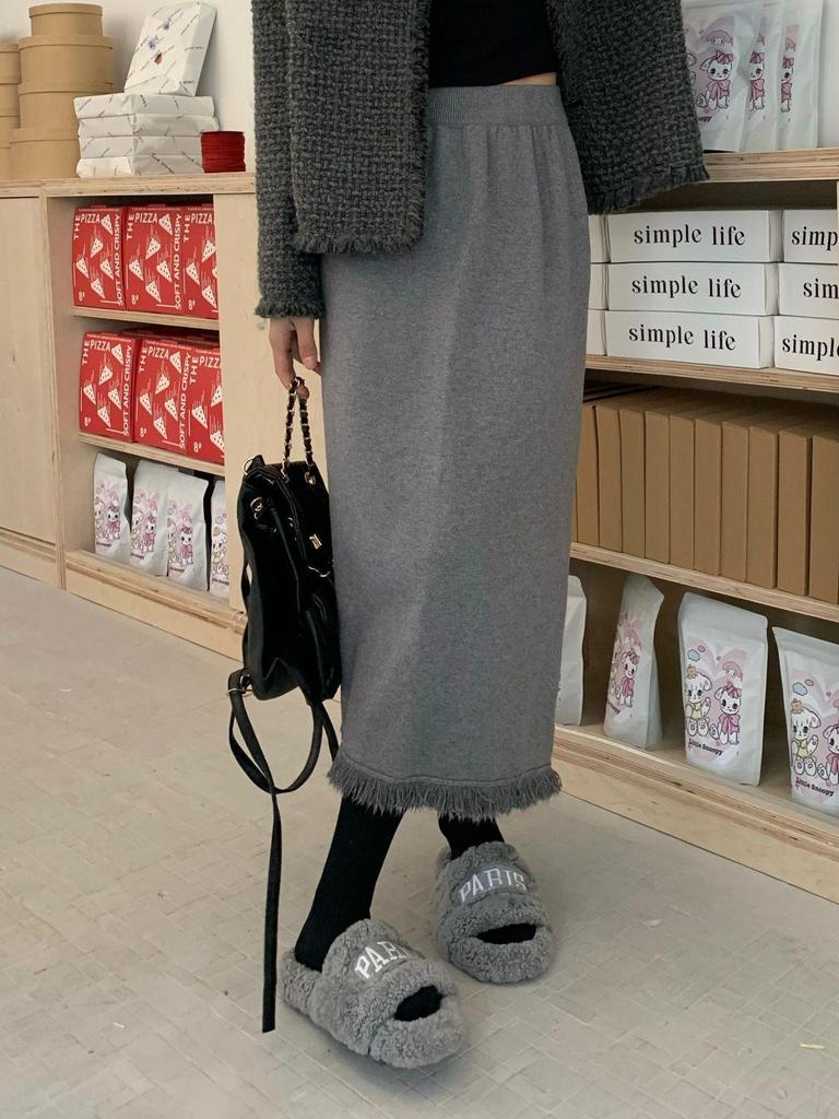 Tassel Knit Over-Knee High Waist Slim Wool Skirt with Matching Sweater