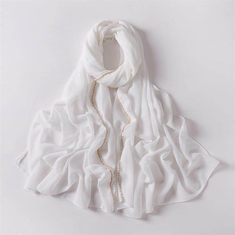 Luxury  Pearl Chain Bubble Chiffon Hijab Veil Ramadan Long Necklace Scarf Shawl Headscarf Bufandas Muslim Headband 175*70Cm