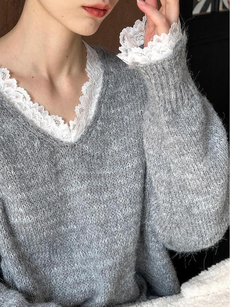 Ju Zhi 2024 Autumn/Winter Korean Loose Casual V-Neck Pullover Sweater Knitwear