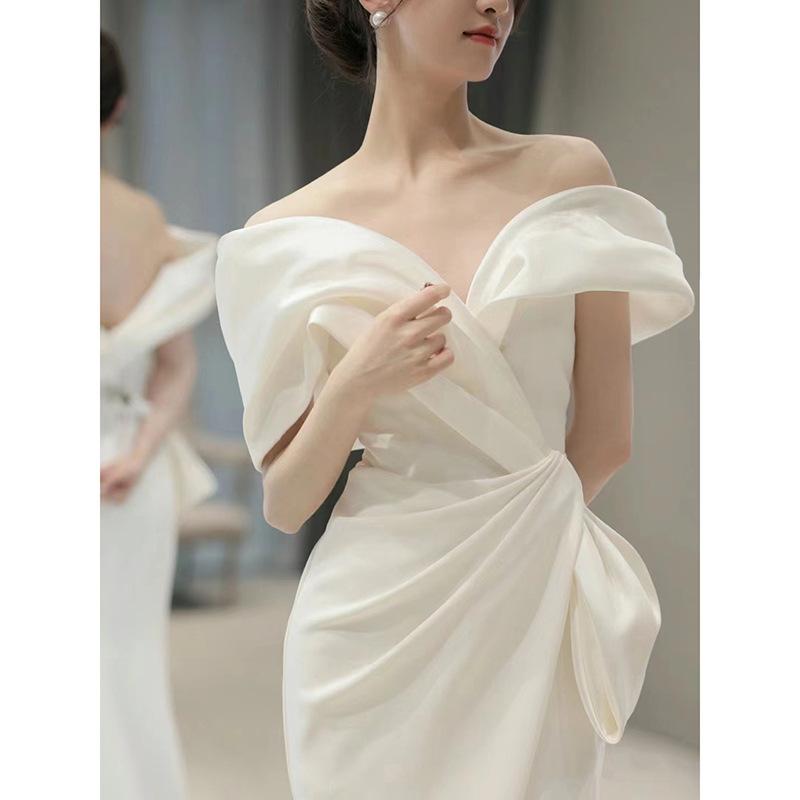 One-word Shoulder White French Dress 1011 New Summer Light Luxury Niche High-end Engagement Fishtail High-end Evening Dress