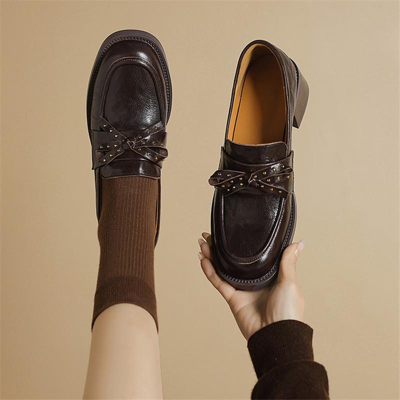 Fashion New Spring Sheep Leather Woman Shoes Square Toe Women Pumps Shoes for Women Chunky Heel Loafers Fashion Rivet Bow Casual Shoes