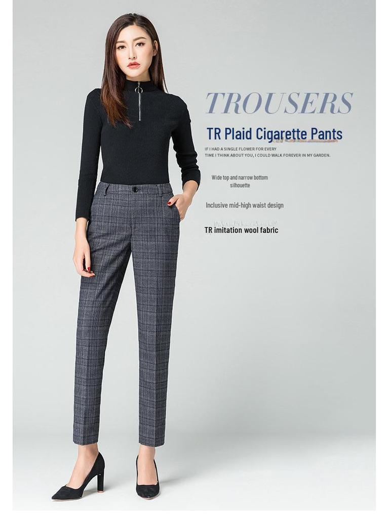 High-Waisted Wool Plaid Women's Pants - Autumn/Winter Straight Slim Suit Carrot Style