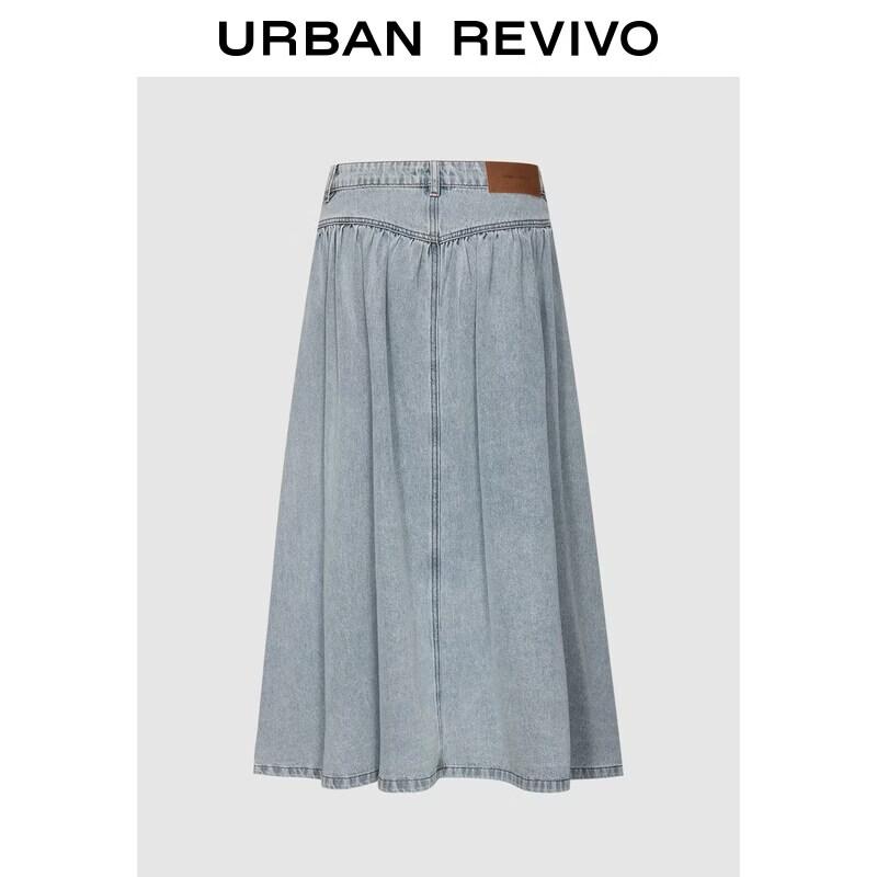 Women s Pleated Washed Denim Long Skirt M