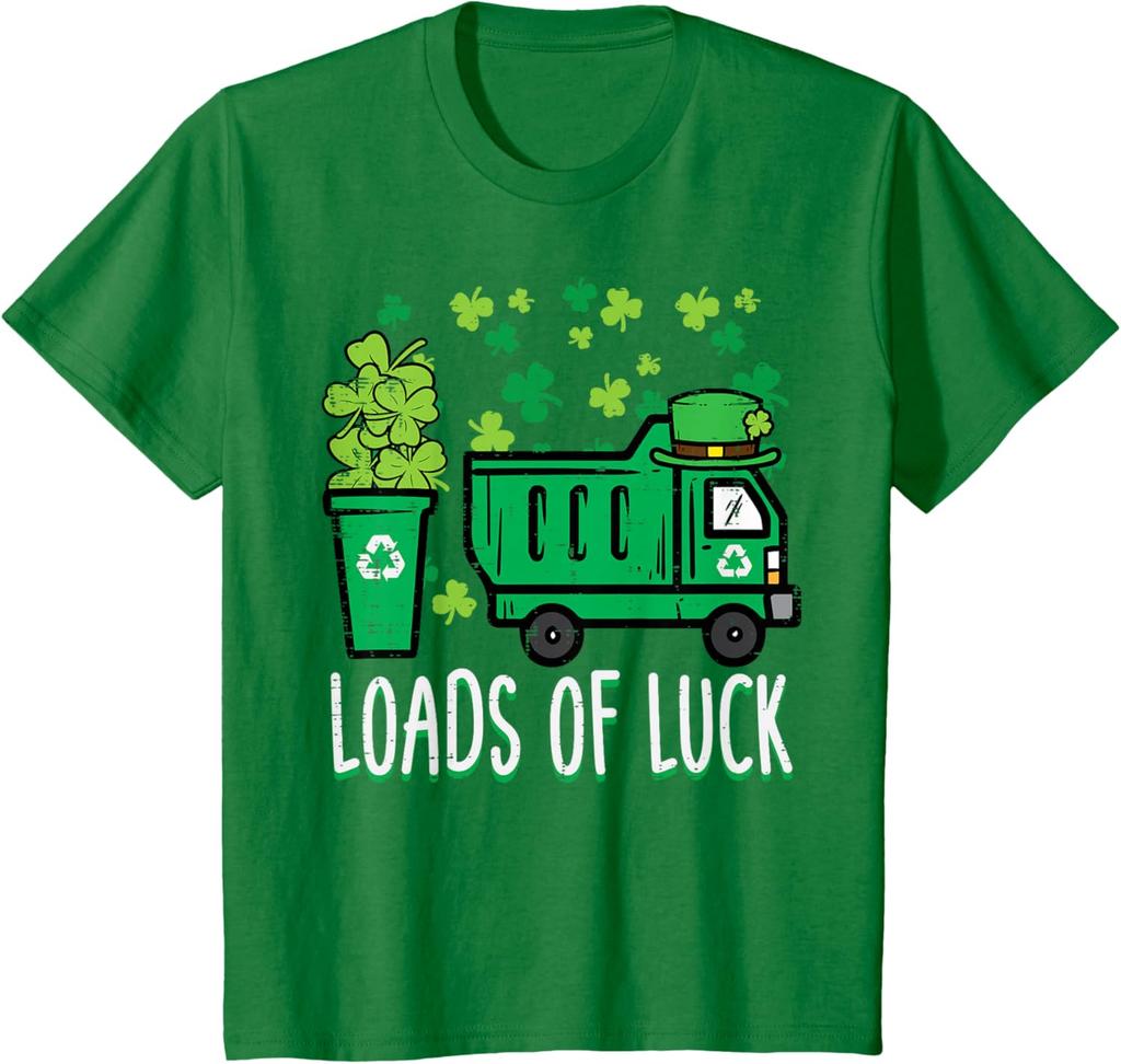 Garbage Truck Loads Of Luck St Patricks Day Graphic Tee Recycle Theme Short Sleeve T-Shirt