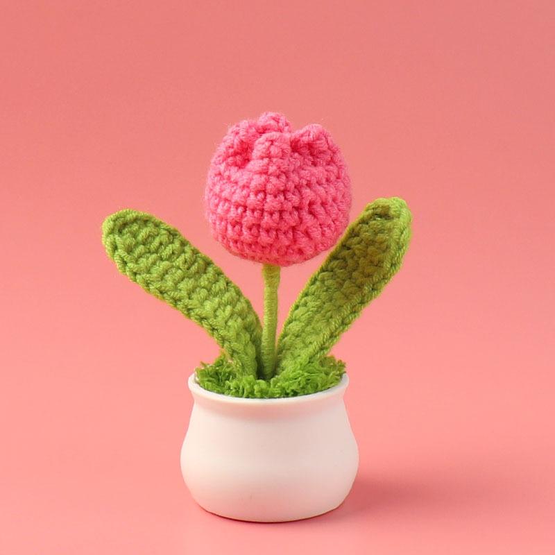 Tulips Crochet Flower Potted Cerative Handmade Knitted Flowers Artificial Flowers Decoration Car Desktop Home Decor