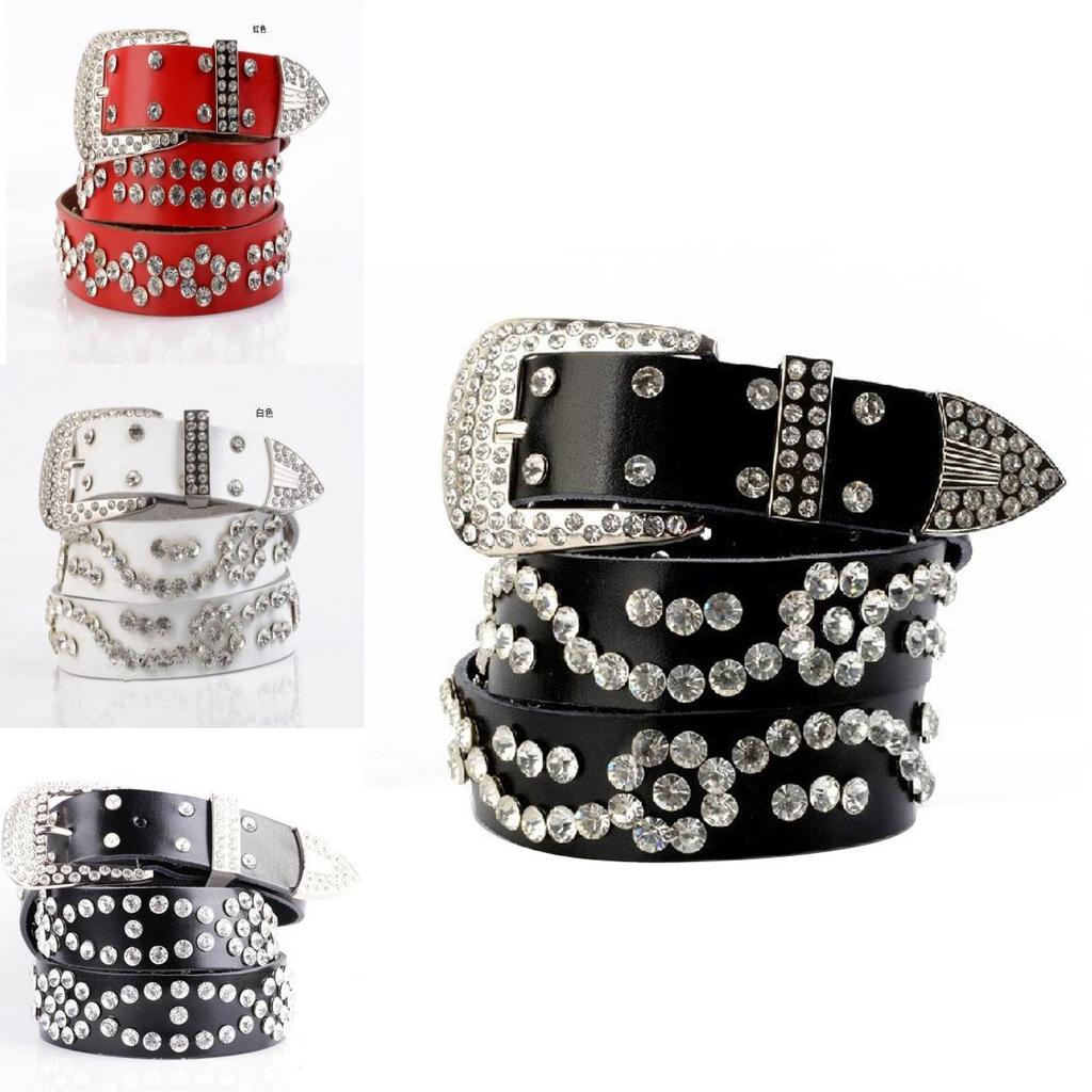 Fashionable Leather Belt For Women With Rhinestone Pattern And Adjustable Pin Closure