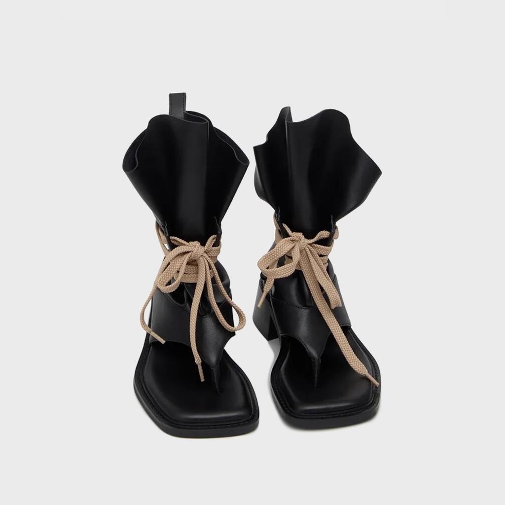 Retro square toe open toe herringbone cool boots 2025 new Spice Girl heightened thick-soled lace-up pants tube boots stacking boots