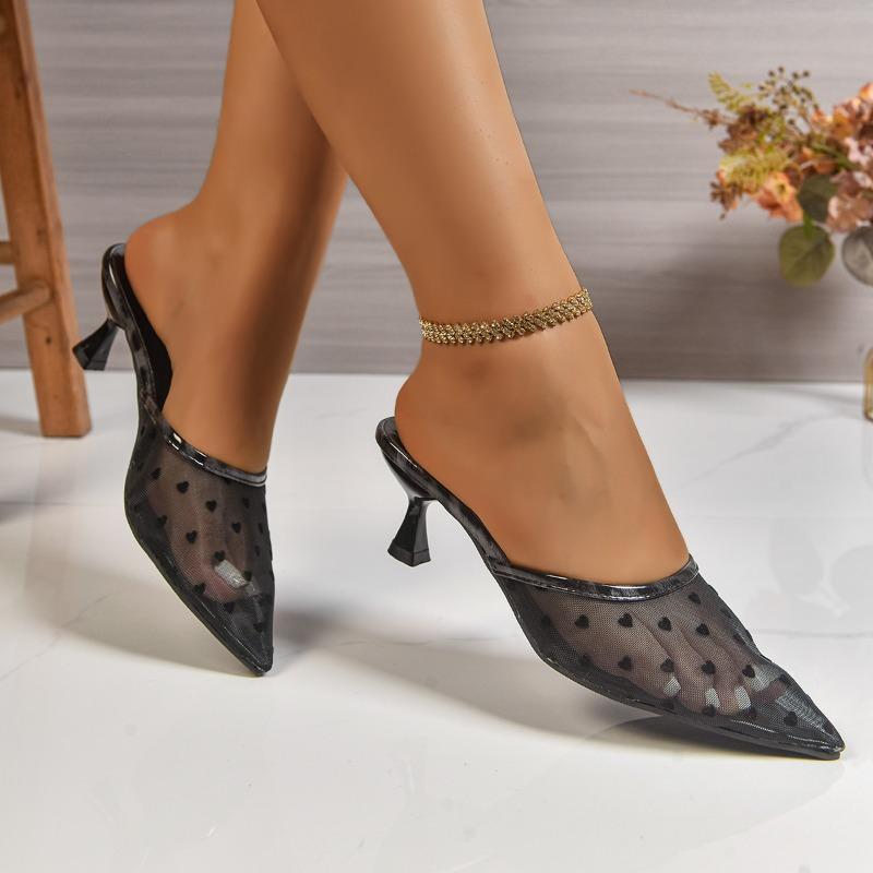 Mode 2025 Franska Nya Sommar Temperament Sandaler Bär Spetsig Tå Mesh Omlindad Huvud Andningsbara Tofflor