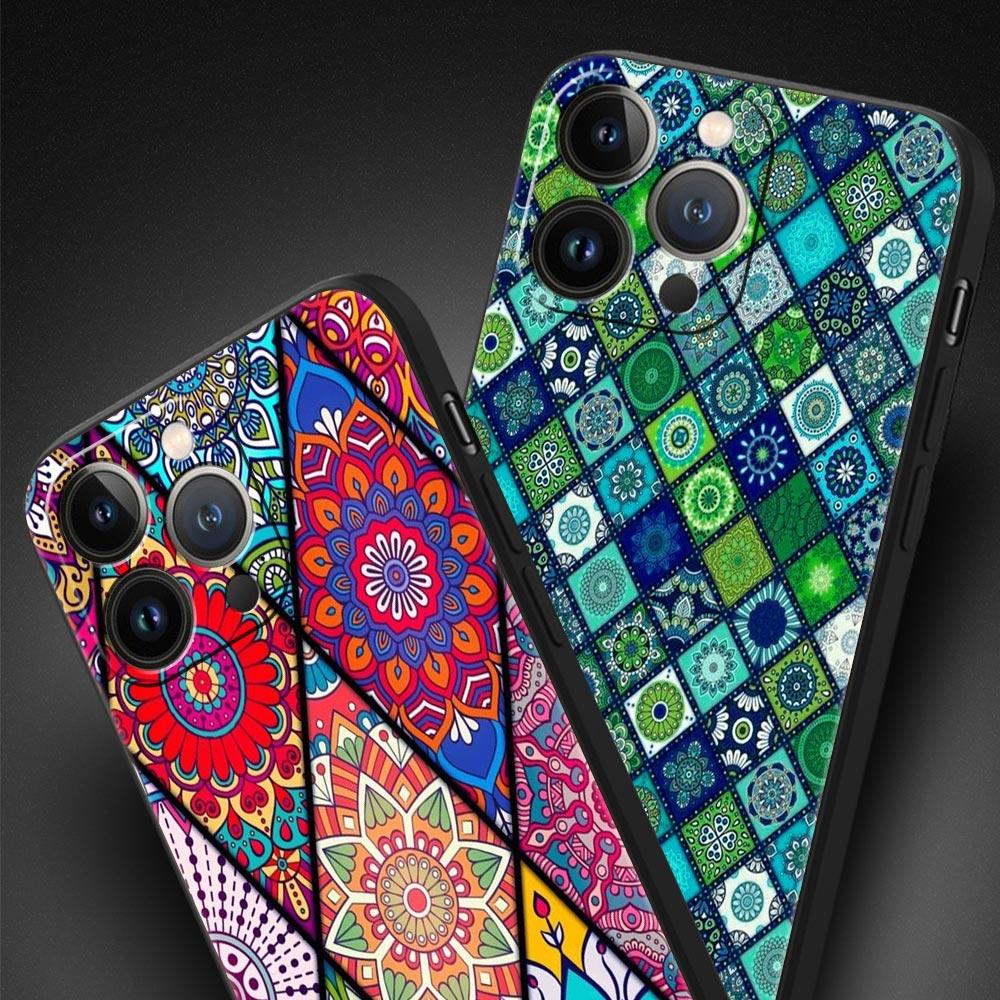 Mandala flower totem Luxury Phone Case For iPhone 13 15 14 12 11 Pro MAX XR X SE XS 7 8 Plus Silicone Black Protection Cover