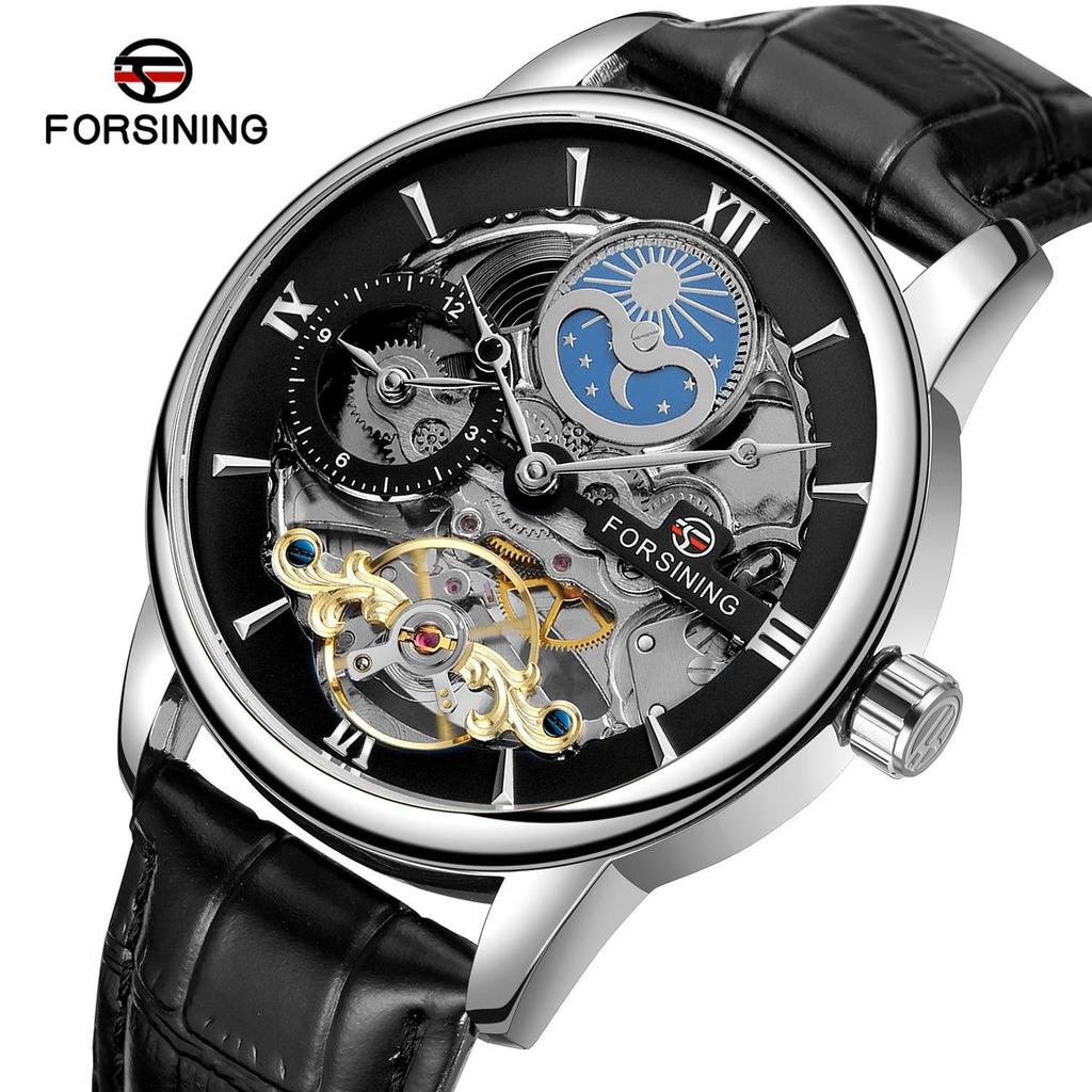 FORSINING Men's Luxury Automatic Mechanical Watch Leather Strap Automatic Tourbillon Hollow Mechanical Watch