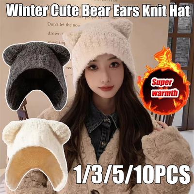 Plush Bear Ear Knitted Beanie for Women Stylish Warm Wool Winter Hat with Comfortable Ear Flaps Slimming Face for Casual Outings