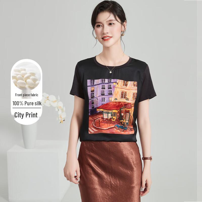 Jinjuan Mulberry Silk Oil Painting Floral Print T-Shirt L
