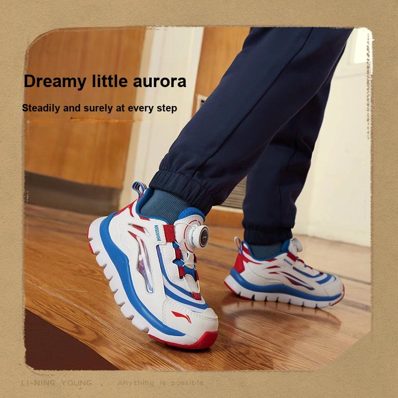 Li Ning Childrens Knob Version Non-Slip Shock Absorbing Running Shoes Kids Running Shoes White Blue Red YKNU090-7