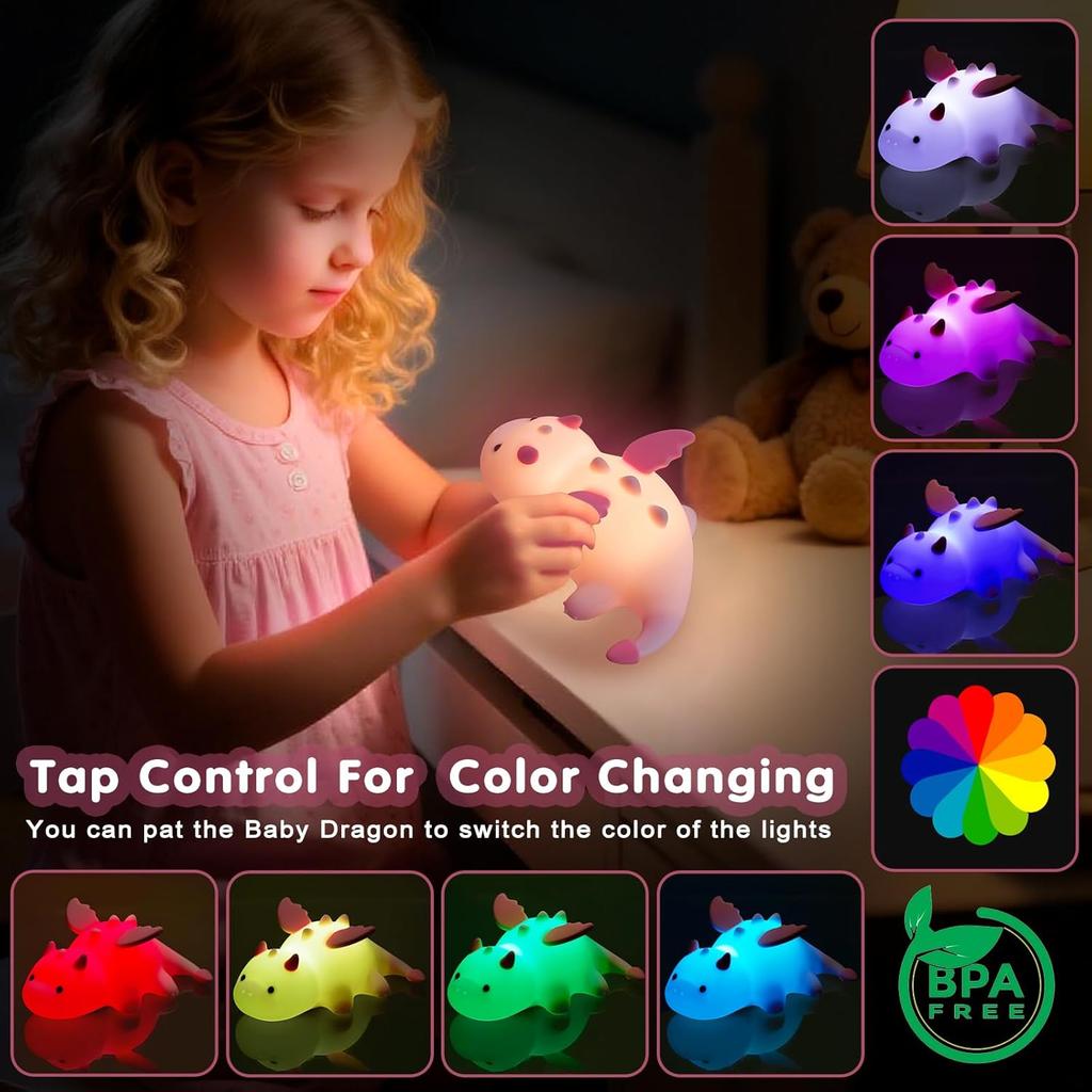 Cute Dragon Night Light Soft Silicone Lamp With 3 Level Warm Light and RGB Changing Nursery Portable Bedside Lamp For Baby