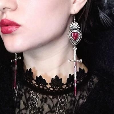 Goth Red Heart-shaped Hollowed-out Lacework Dripping Blood Cross Sword Pendant Dangle Earrings for Women Halloween Party Jewelry