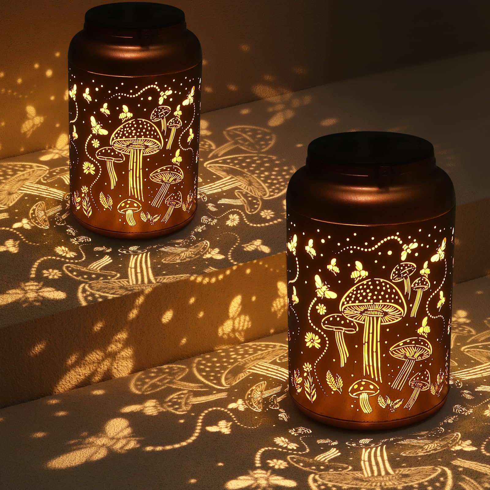 Solar Lanterns Outdoor Waterproof Bee Mushroom Decoration Gifts for Women Mon Grandma Hanging Solar Lights for Outside Metal LED Lanterns for Yard Mushroom