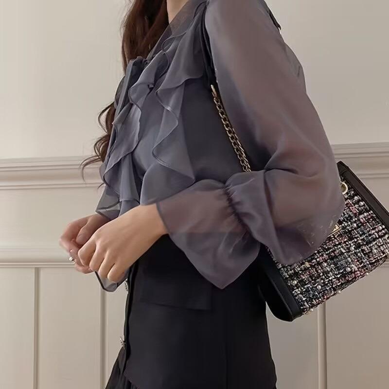 Sommer Koreanische Chiffonbluse Büro Dame Herbst Mode Oberteile Süßes Schleifenhemd Damen Lässige Langarmblusen Blusas