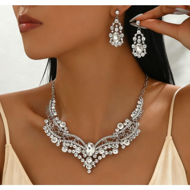Set of Bridal Crystal Accessories - Necklace, Earrings. Two-piece Wedding Dress. Women's Style.