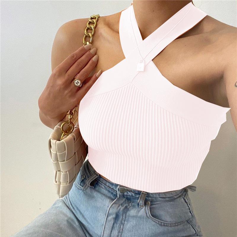 2024 Spring/Summer Women's Knitted Backless Cross Halter Strap Bralette Sweater Tank Top