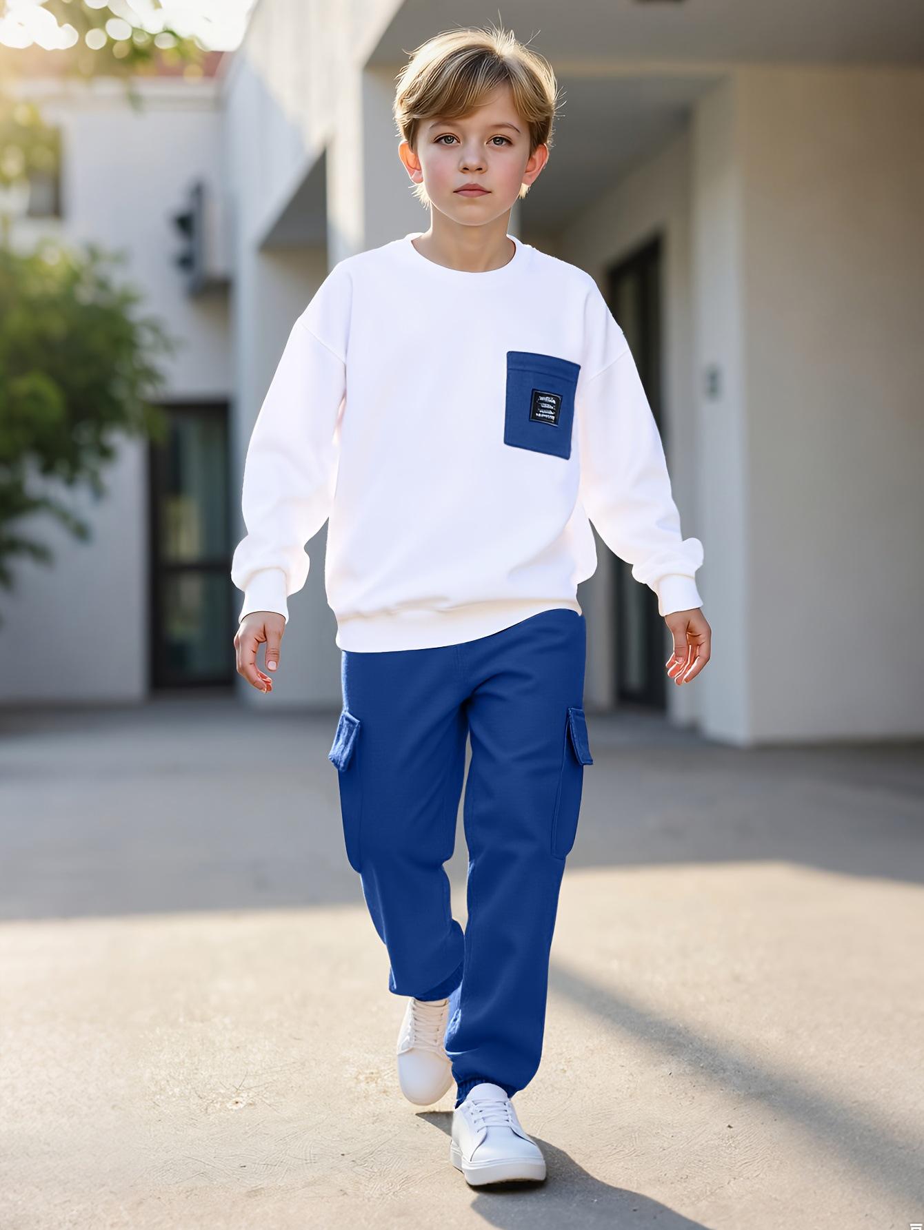 European Style Boys  Color Block Hoodie & Cargo Pants Set - Autumn/Winter Fashion 9Y хаки