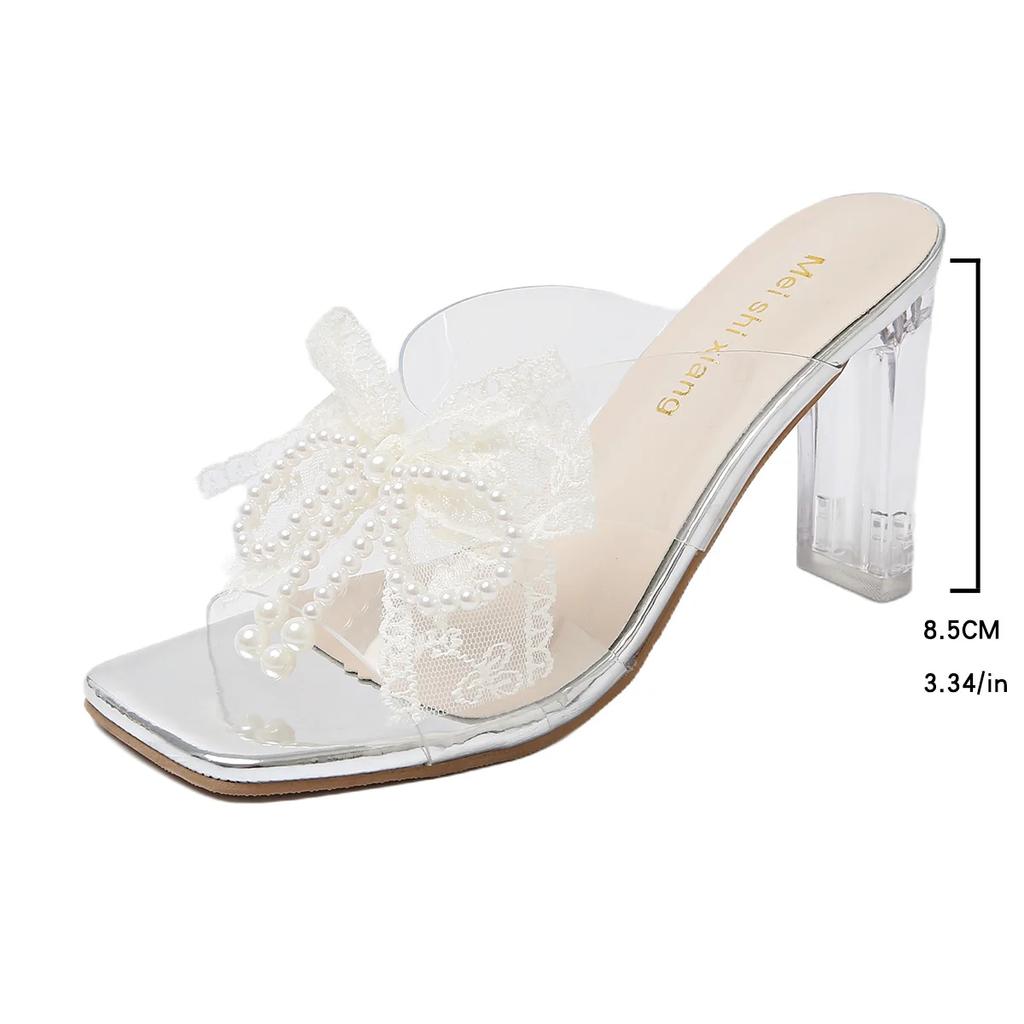 Fashion Lace Pearl Bowknot High Heel Slippers for Women Summer Square Toe Transparent Heeled Pvc Sandals Woman Fashion Party Dress Shoes