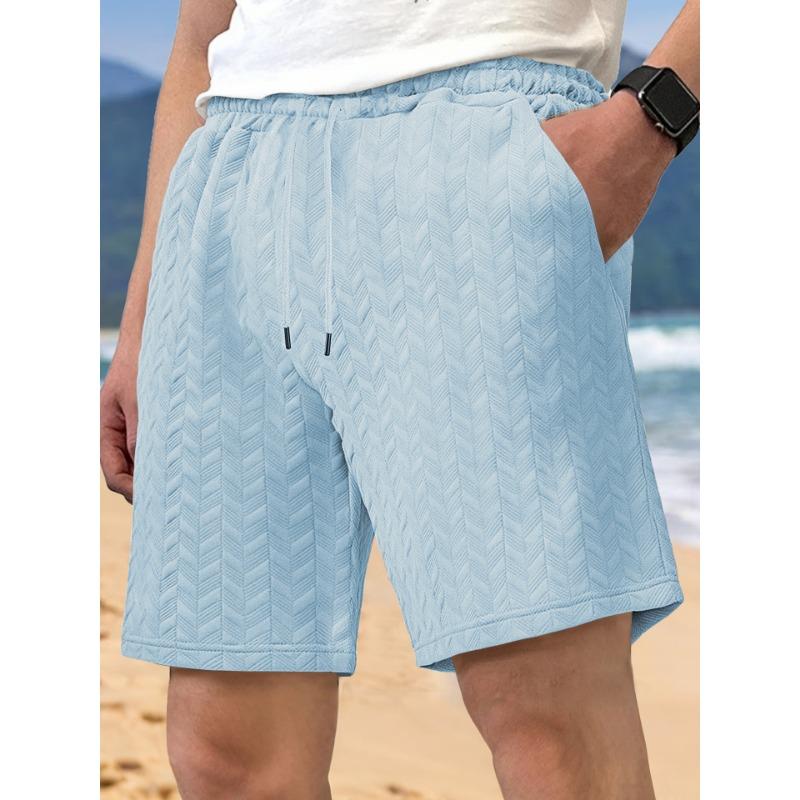 Summer Loose Solid Color Shorts Jacquard Fabric Tied Rope Men's Casual Shorts Beach Pants