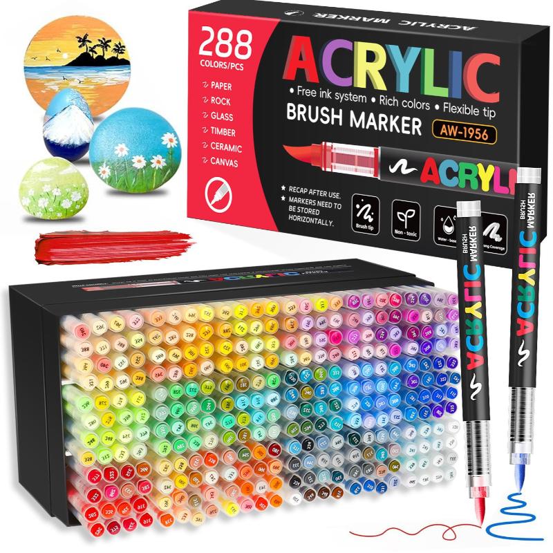 12-408 Colors Acrylic Paint Markers Flexible Brush Acrylic Markers Set for Rock Wood Canvas Glass Stone Painting Art Supplies