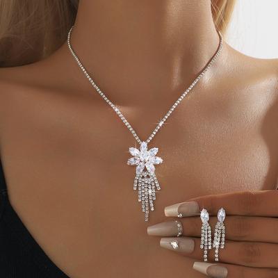 3PC Women's Fashion Water Diamond Claw Chain Flower Necklace Earring Set, Suitable for Wedding, Party, Festival Gifts