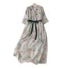 2024 Summer Retro High Waist Slimming Cotton Linen Patchwork Maxi Dress for Women - Plus Size