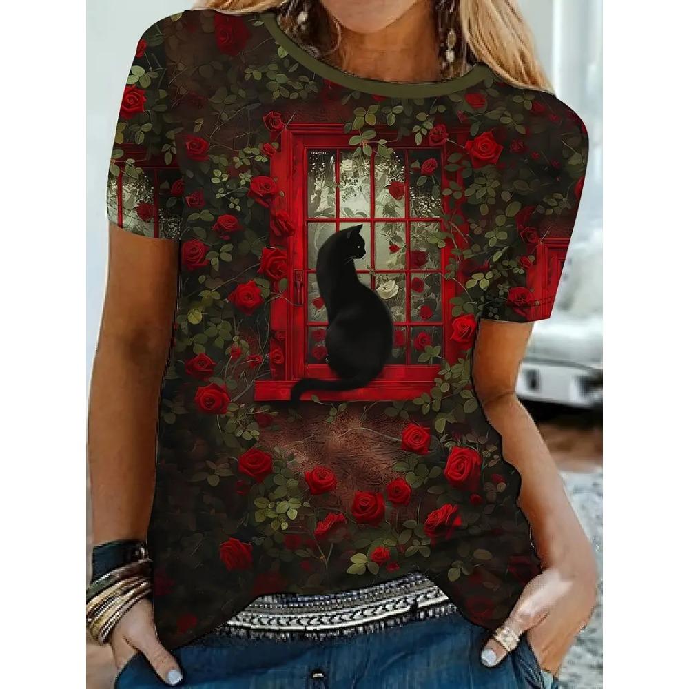 Women's round neck T-shirt Summer casual fashion short-sleeved top 3D cat print animal pattern Large Size Women's Clothing