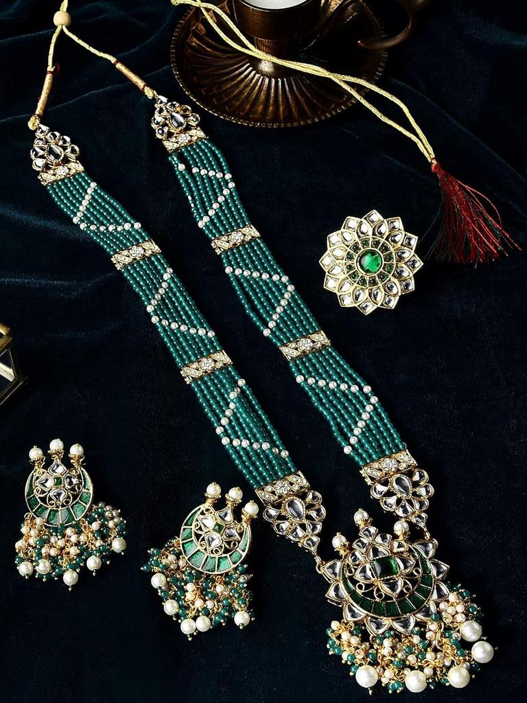 Green Beaded Meenakari Long Kundan Necklace Earring & Ring Set For Women