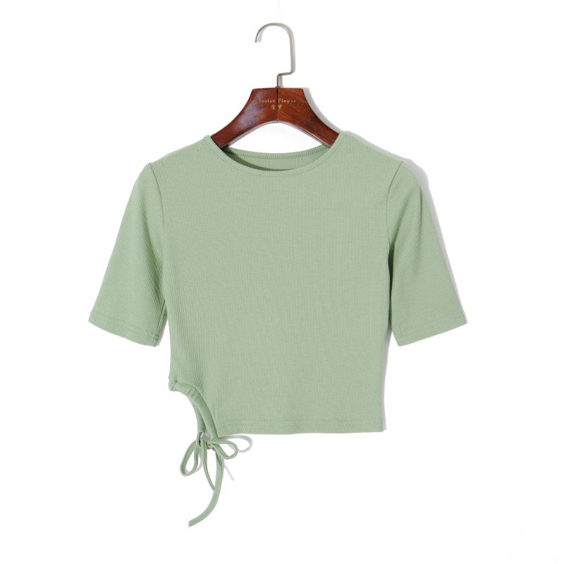 

2025 Лето Женский Свежий Чистый Цвет круглый Вырез Пуловер Короткий Рукав Приталенный Эластичный Клетчатый Короткий Топ-Бандо Шнуровка Футболка Green S