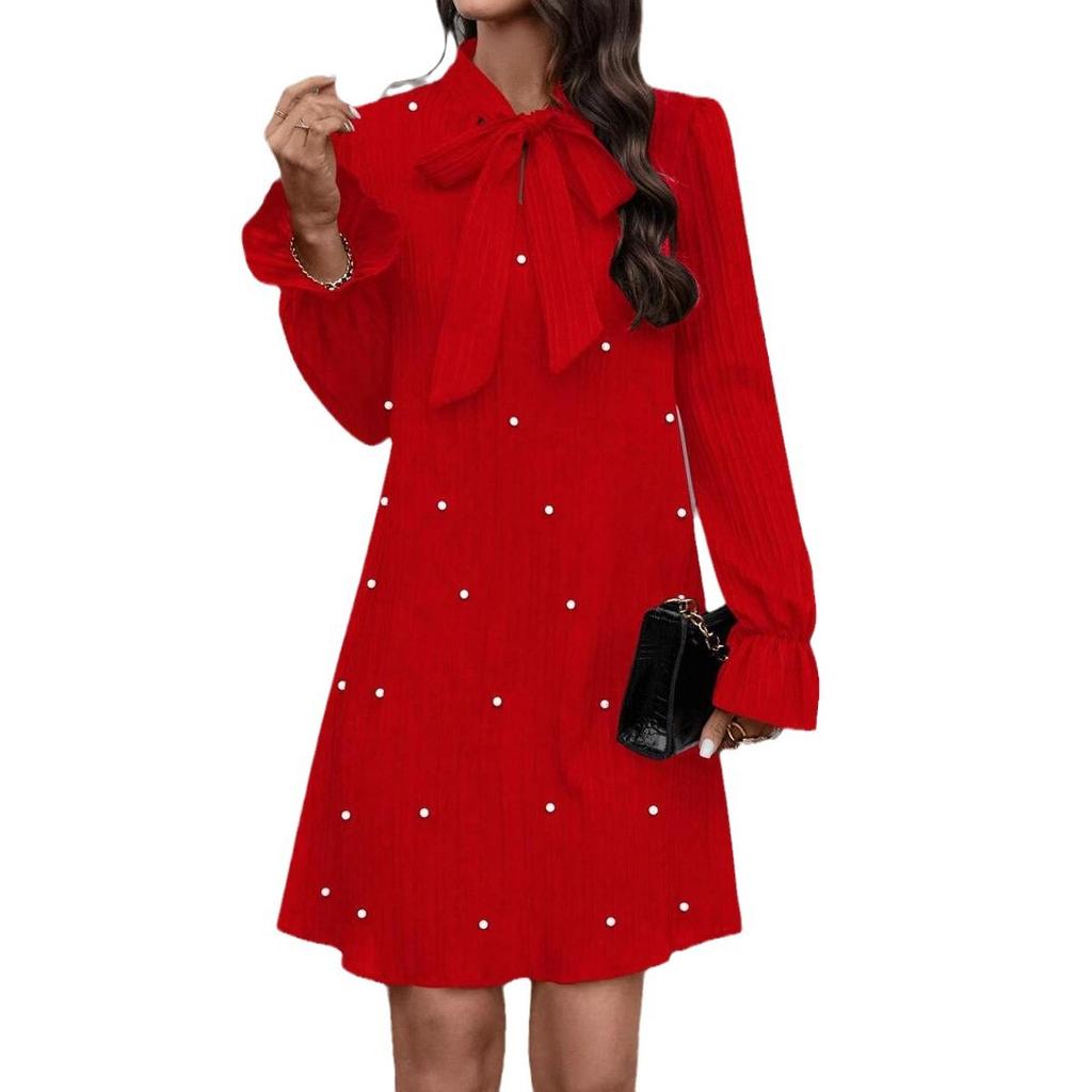 Spring Women's Bow Tie Beaded Long Sleeve Solid Colour Dresses