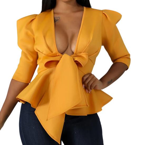 Deep V-neck Puff Half Sleeve Solid Color Women Coat Ruffle Hem Bowknot Bandage Peplum Blazer Workwear