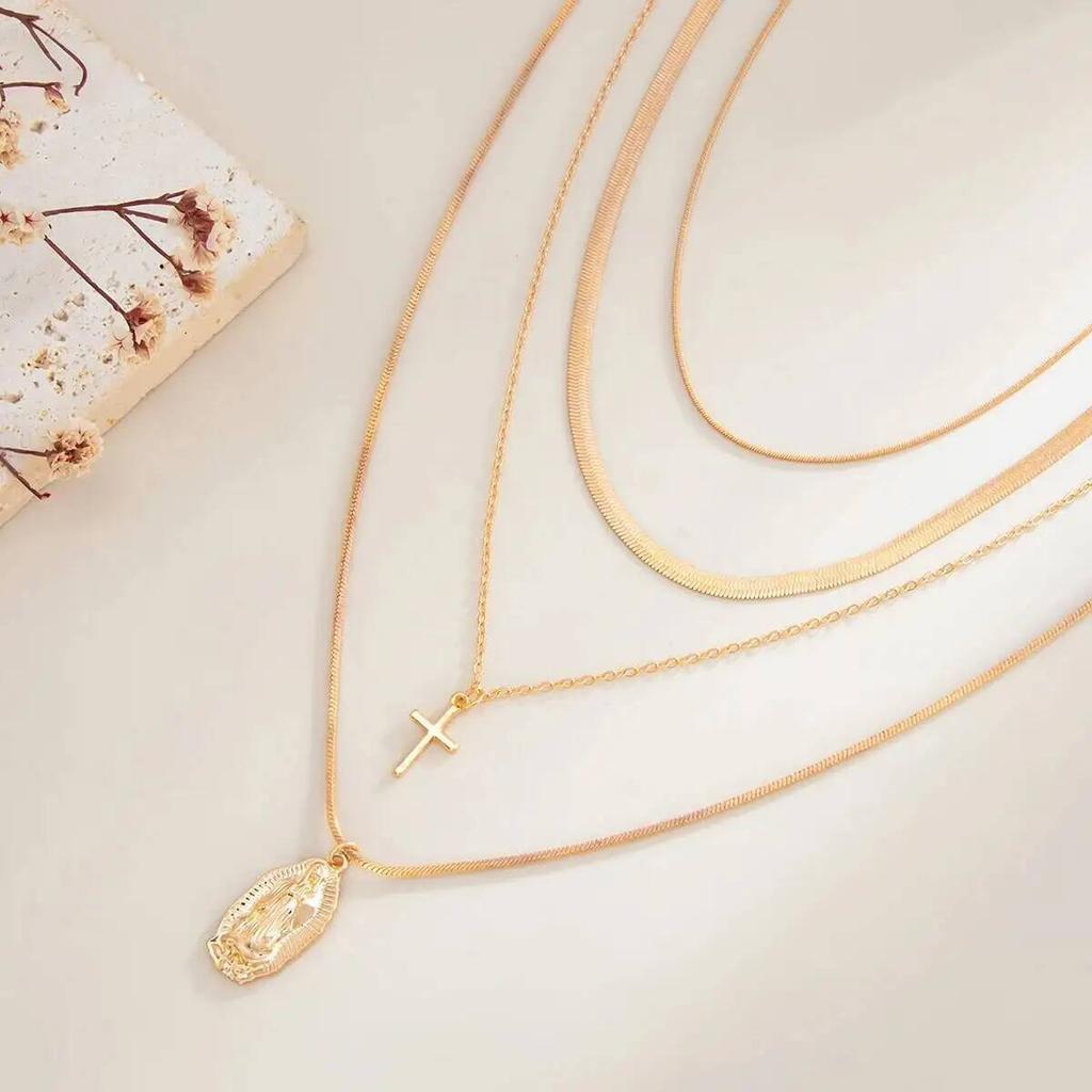 SHIXIN 4Pcs/Set Minimalist Cross Jesus Pendant Metal Necklace Gold Color Multi-layer Adjustable Choker Chain Women Jewelry Gift