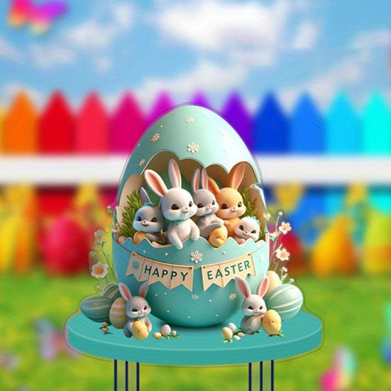Easter Bunny Garden Stakes Outdoor Decor, 2D HD Printing Acrylic Rabbit & Colorful Eggs Ornaments with Weatherproof Design, Easy-Insert Spike