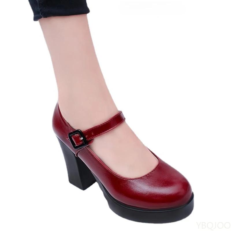 Fashion New Hot Sale Women's high heels Outdoors Shallow Mouth Flats Versatile Buckle leather Shoes Black sexy thick heel pumps Mujer