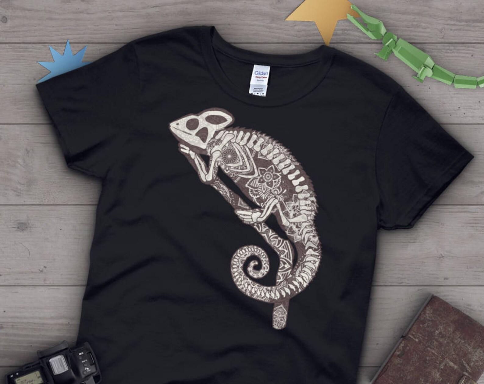 Chameleon Skeleton Shirt, Tshirt, Reptile Lover Gift, Cool Lizard T-Shirt, Cute Chameleon Graphic Tee, Tops, Navy, Blue, Pink 100