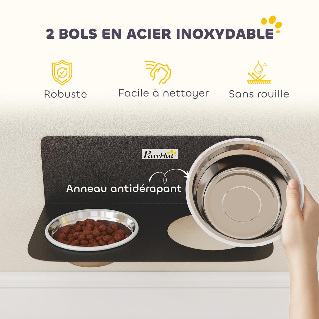 Double Dog Bowl, Wall-Mounted, 2 Bowls, Stainless Steel, 800 ml, 42 x 23.5 x 14 cm, Black