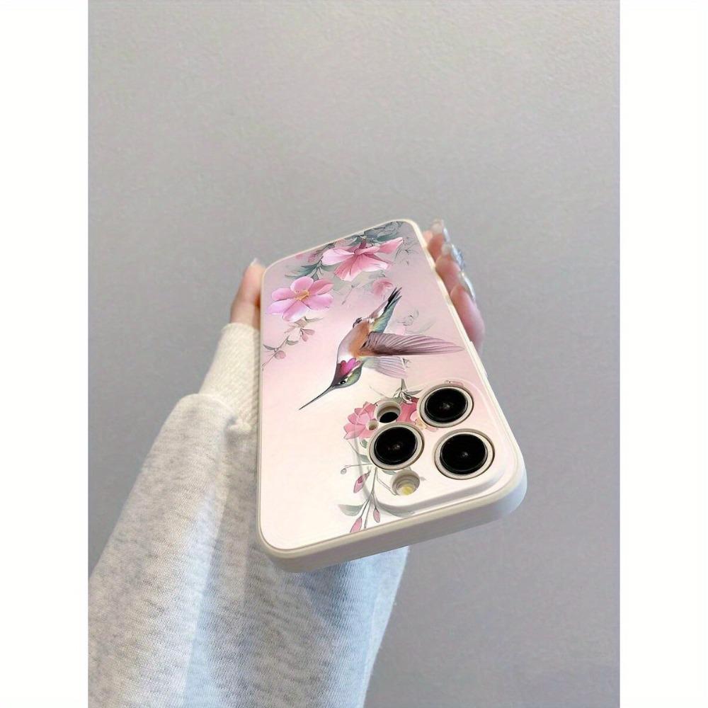 Pink flower hummingbird pattern phone case suitable for iPhone 17 16 15 14 13 12 11 Pro/Max/Plus anti drop and shockproof