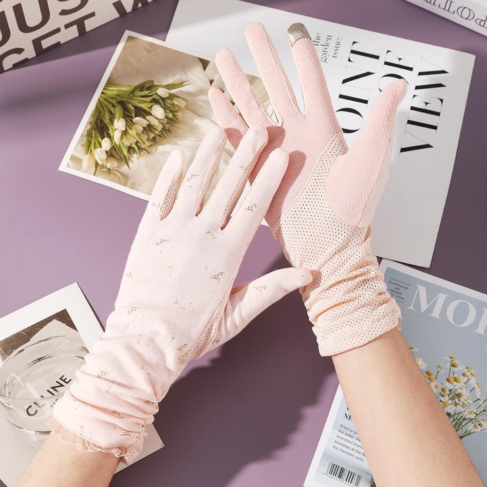 Sunscreen Gloves for Women In Summer UV Proof Extended Cotton Thread Driving Touch Screen Anti Slip Thin Lace Gloves