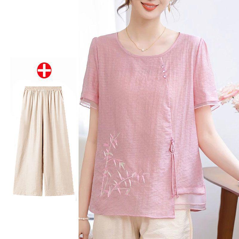 2026 Summer Fashion Set: Short-Sleeved Top & Chinese-Style Two-Piece for Moms and Elders