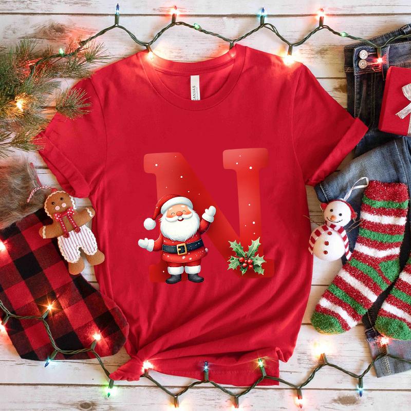 Santa AZ Alphabet Womens Tshirt Christmas Party Casual Tee with Graphic Print Holiday Fashion Y2k Tops for Female Clothing