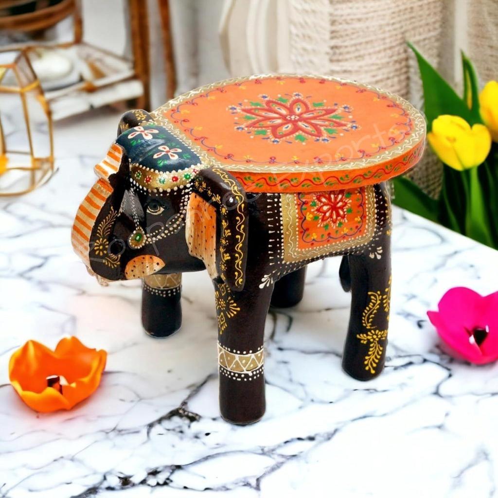 Wooden Handcrafted Elephant Table with Artistic Painting, (23x18x20cm, Multicolour)