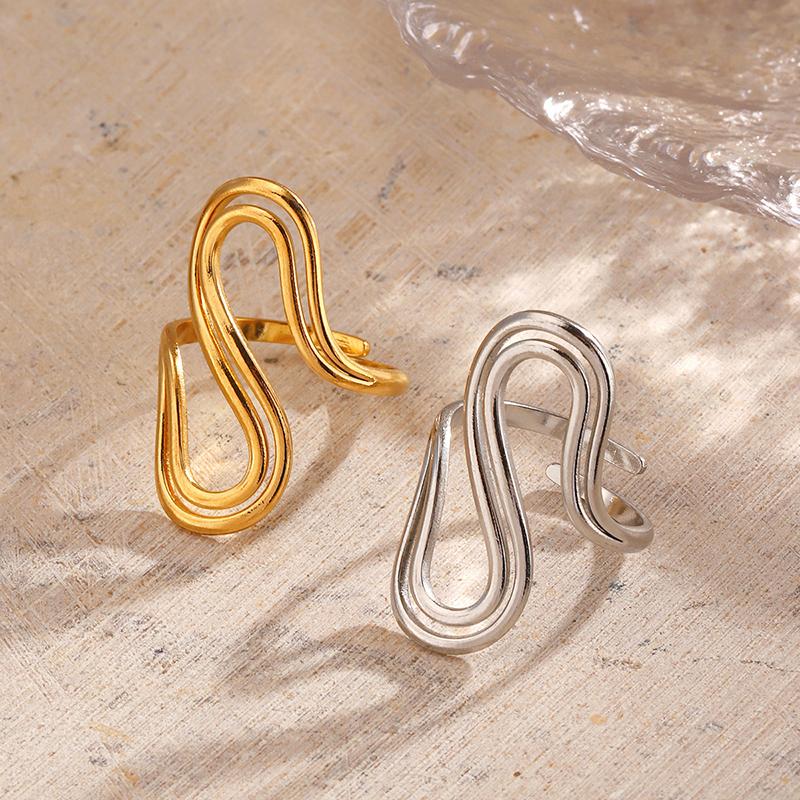 Stainless Steel Line Design Women's Rings 18K Gold Plated Gold S Shape Rings Waterproof Jewelry for Daily Wear