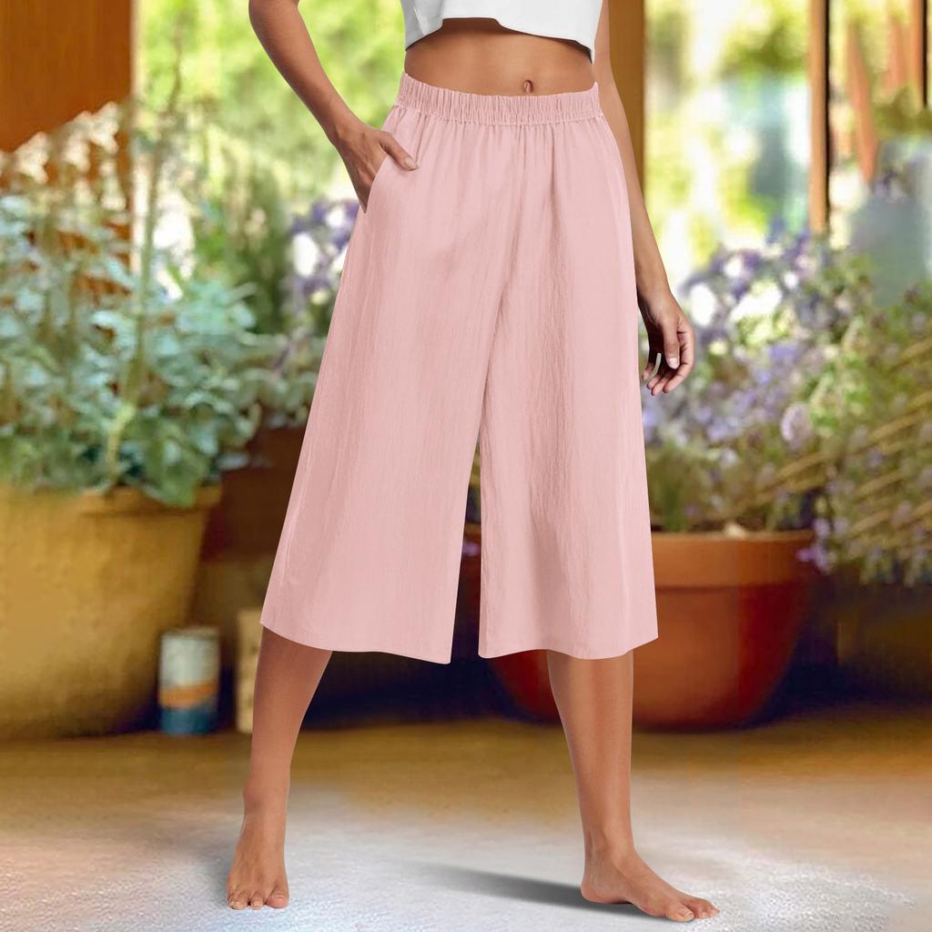Feamle Casual and Versatile Wide Leg Pants with Pockets Lightweight High Waisted Loose Cropped Capris