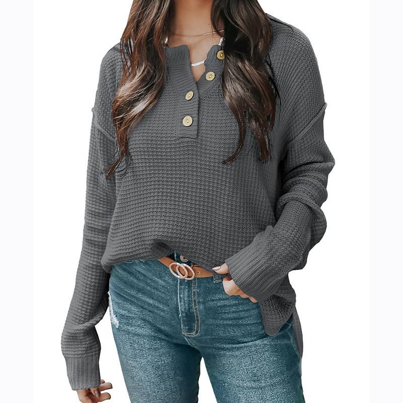 Damen Strickpullover mit langen Ärmeln, V-Ausschnitt und Knöpfen, lässiger Herbst-Winter-Stil, luxuriöses, entspannt sitzendes, figurschmeichelndes und vielseitiges Oberteil