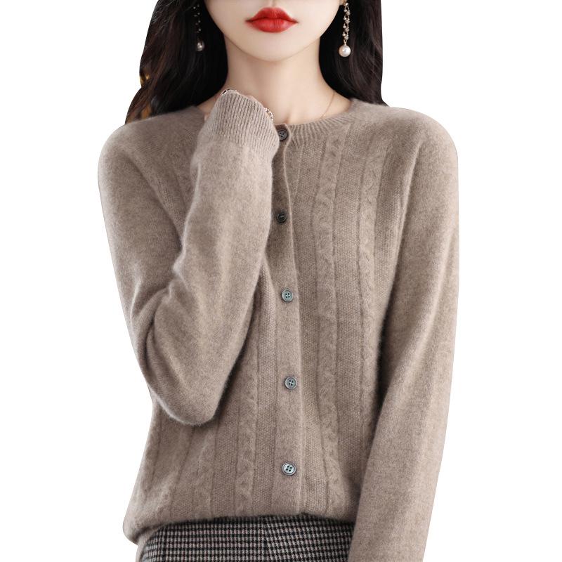 Women's Spring Cashmere Cardigan - Round Neck, Solid Color, Cable Knit, Loose Fit, 100% Pure Wool Sweater