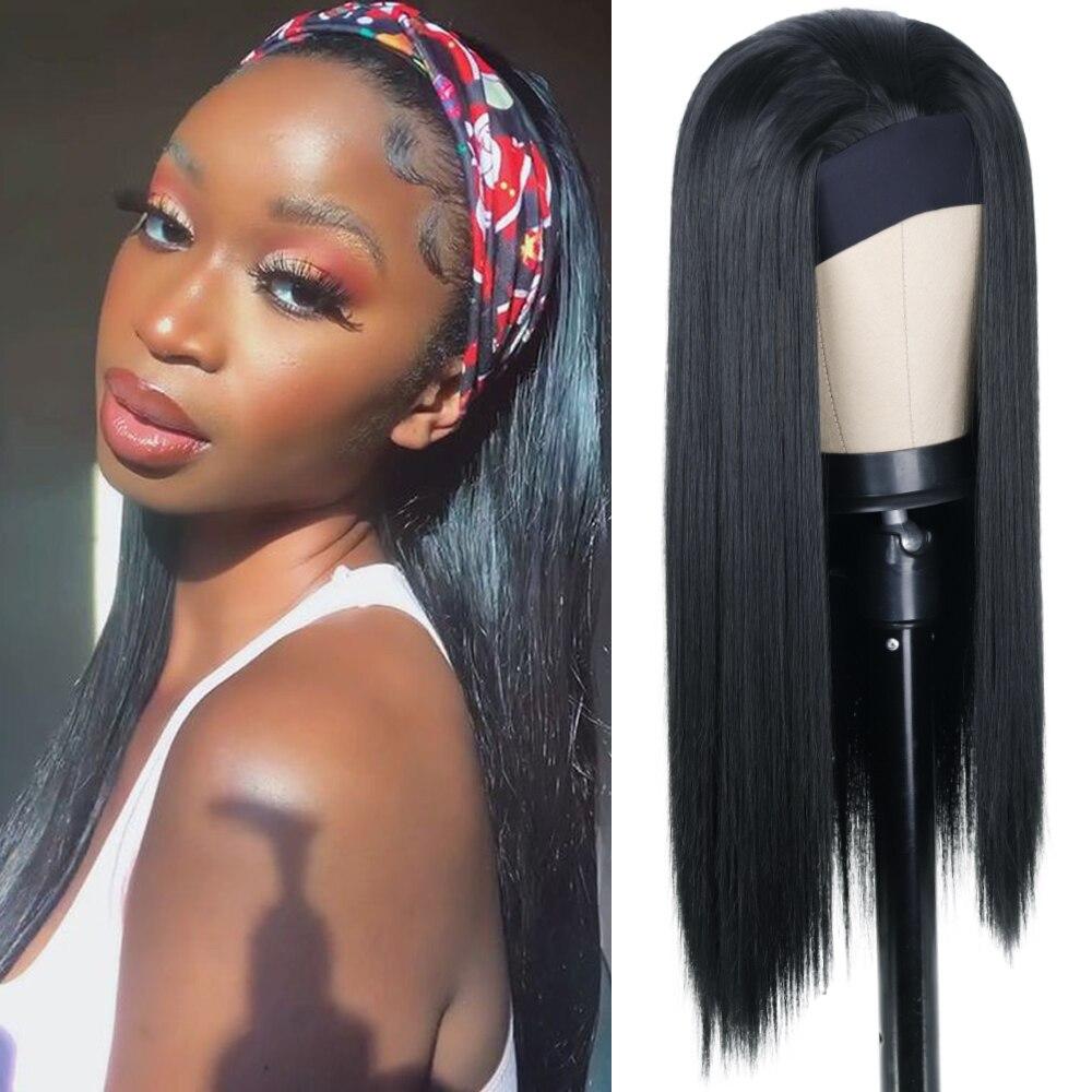 

MISS WIG Длинные черные прямые парики с повязкой на голову, термостойкие парики из синтетических волос, парик машинного производства для чернокожих женщин